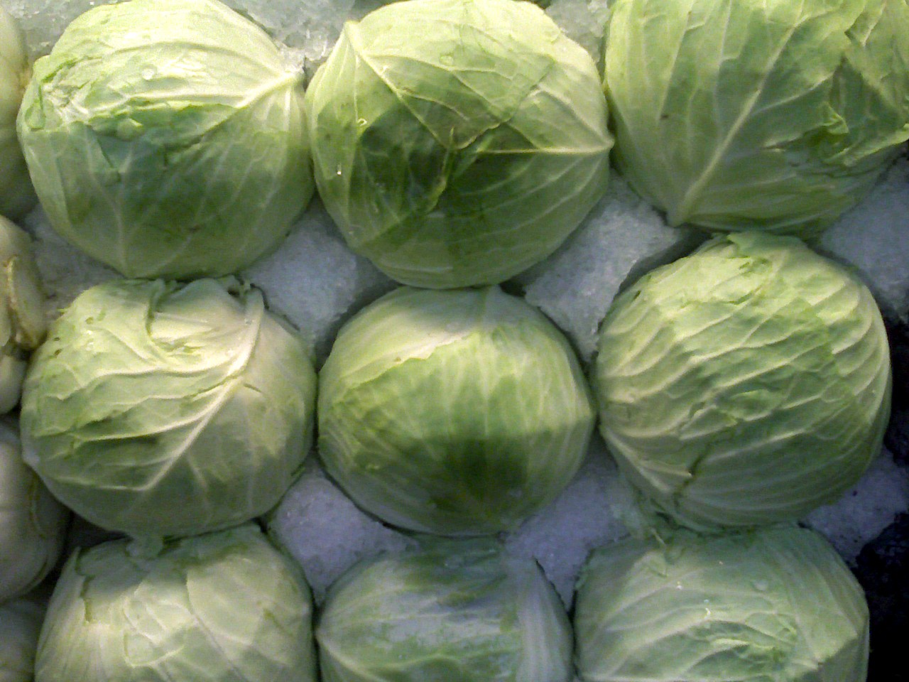 Cabbages stacked in ice at Central Market
