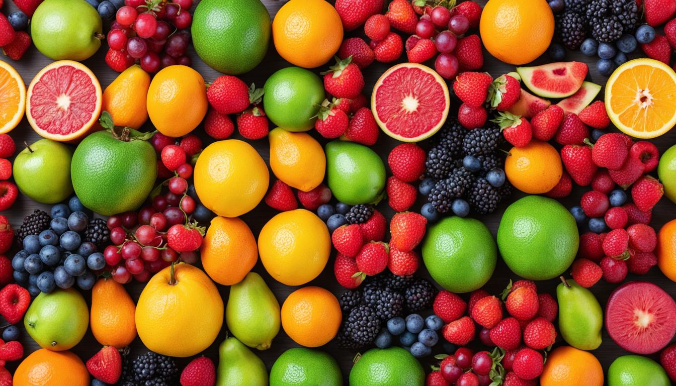 A colorful arrangement of keto-friendly fruits including avocados, strawberries, raspberries, and lemons.