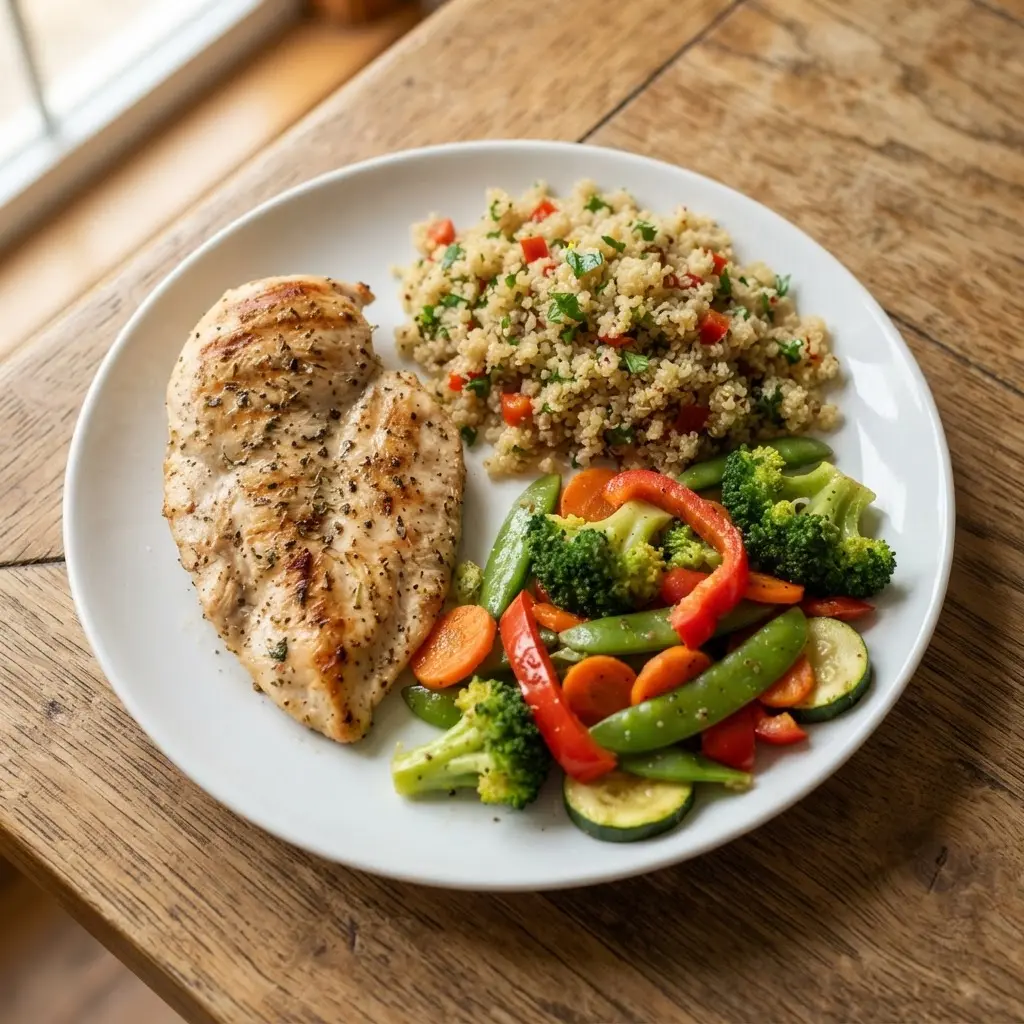 A balanced meal plate showing lean protein, whole grains, and colorful vegetables for a healthy diet plan.