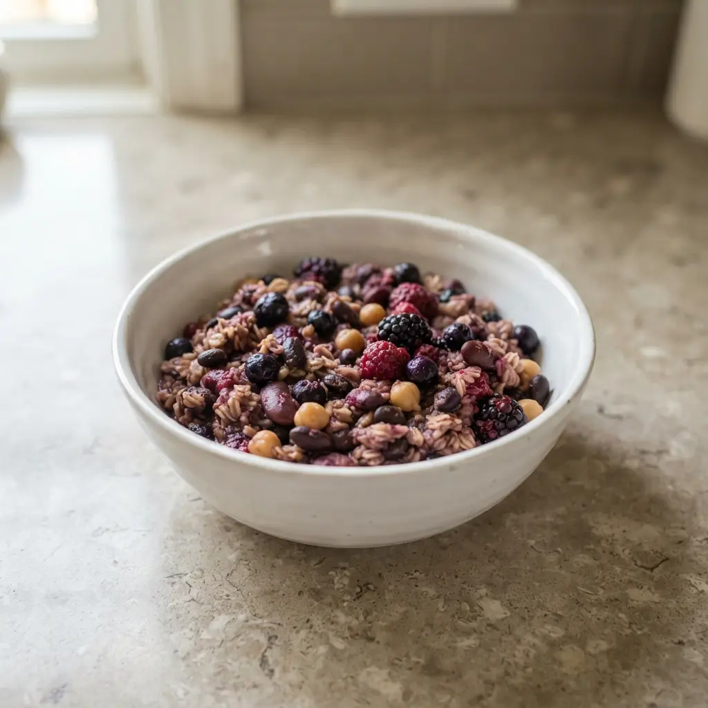 A colorful assortment of high-fiber foods including legumes, berries, and oats on a wooden table.
