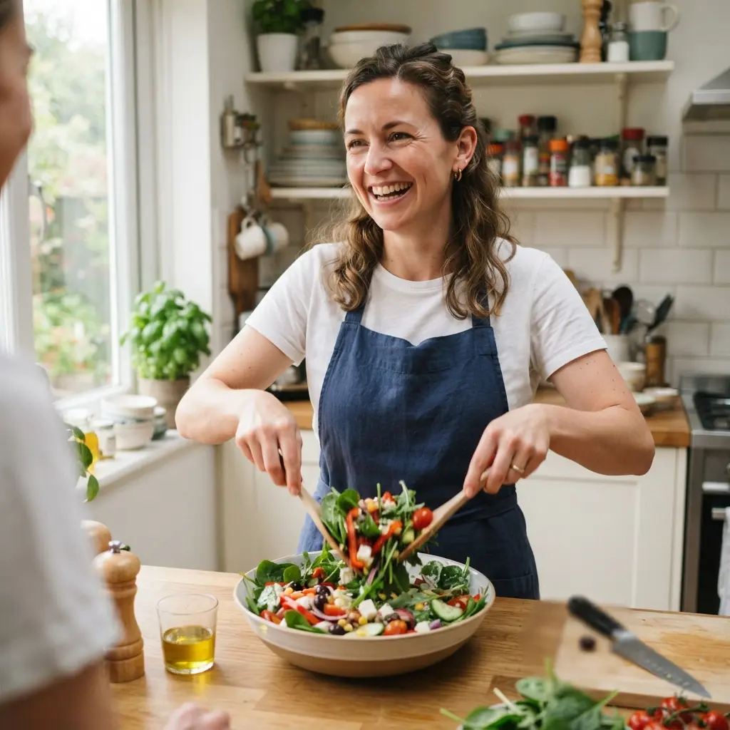 Someone happily preparing a healthy meal, representing sustainable habit formation.