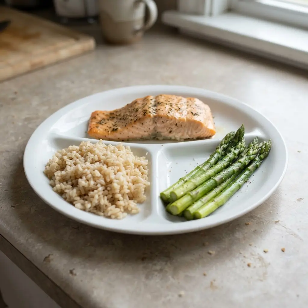 A balanced plate demonstrating macronutrient partitioning.