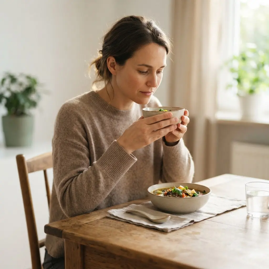 A person practicing mindful eating by focusing on their meal.