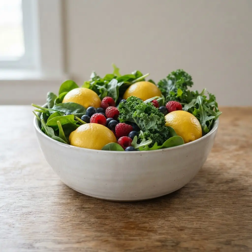 Fresh produce including leafy greens, lemons, and berries arranged for an alkaline diet meal.