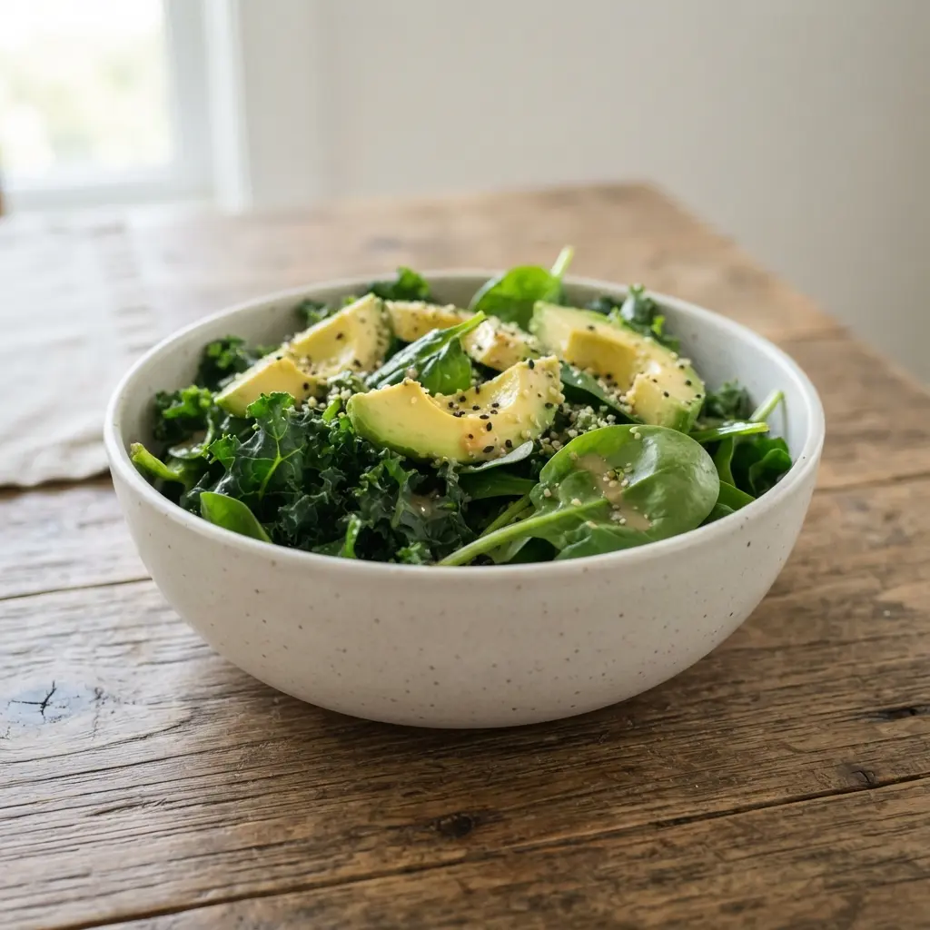 Fresh alkaline-forming foods like kale, spinach, and avocado ready for preparation.