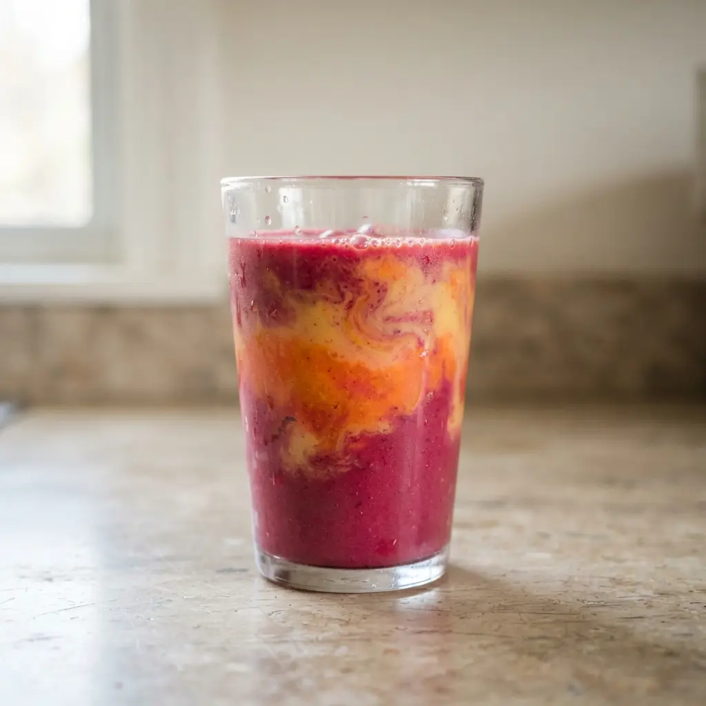 A beet and carrot smoothie in a glass, garnished with ginger and a bright orange slice.