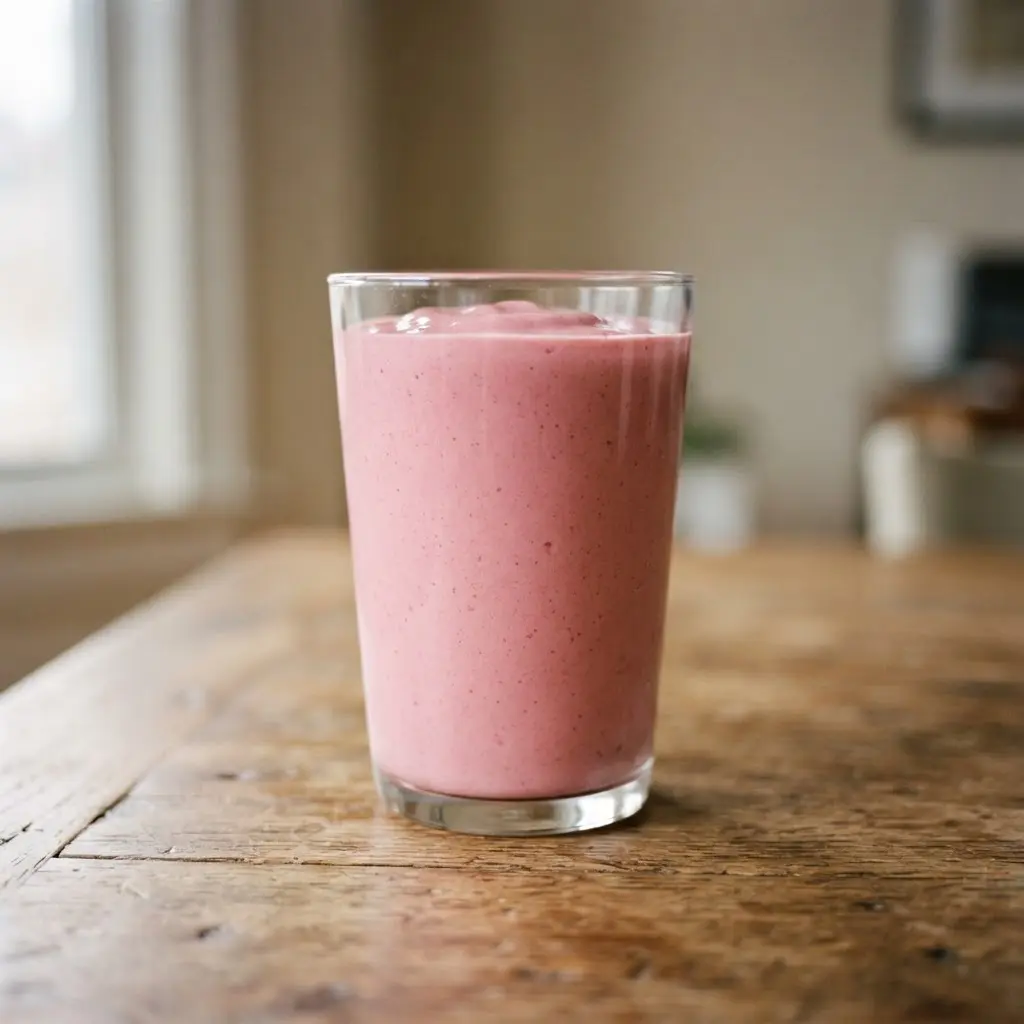 A creamy pink smoothie made with banana and almond butter, perfect for a filling beet and carrot blend.