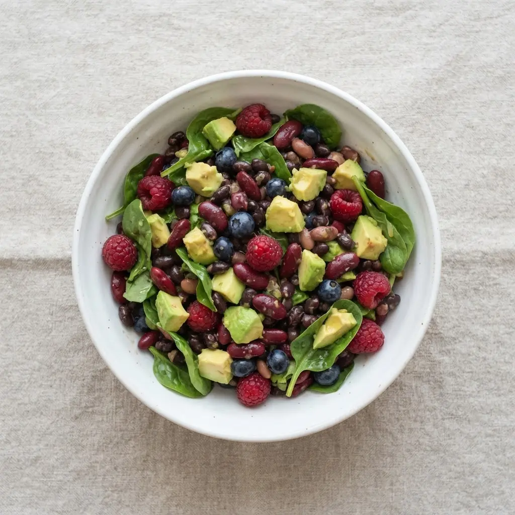 A colorful bowl of high-fiber foods like beans and berries.