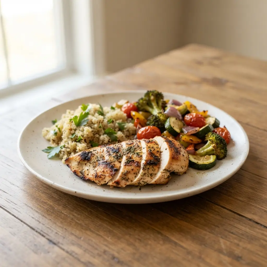 A balanced meal with lean protein, whole grains, and vegetables for a detox diet.