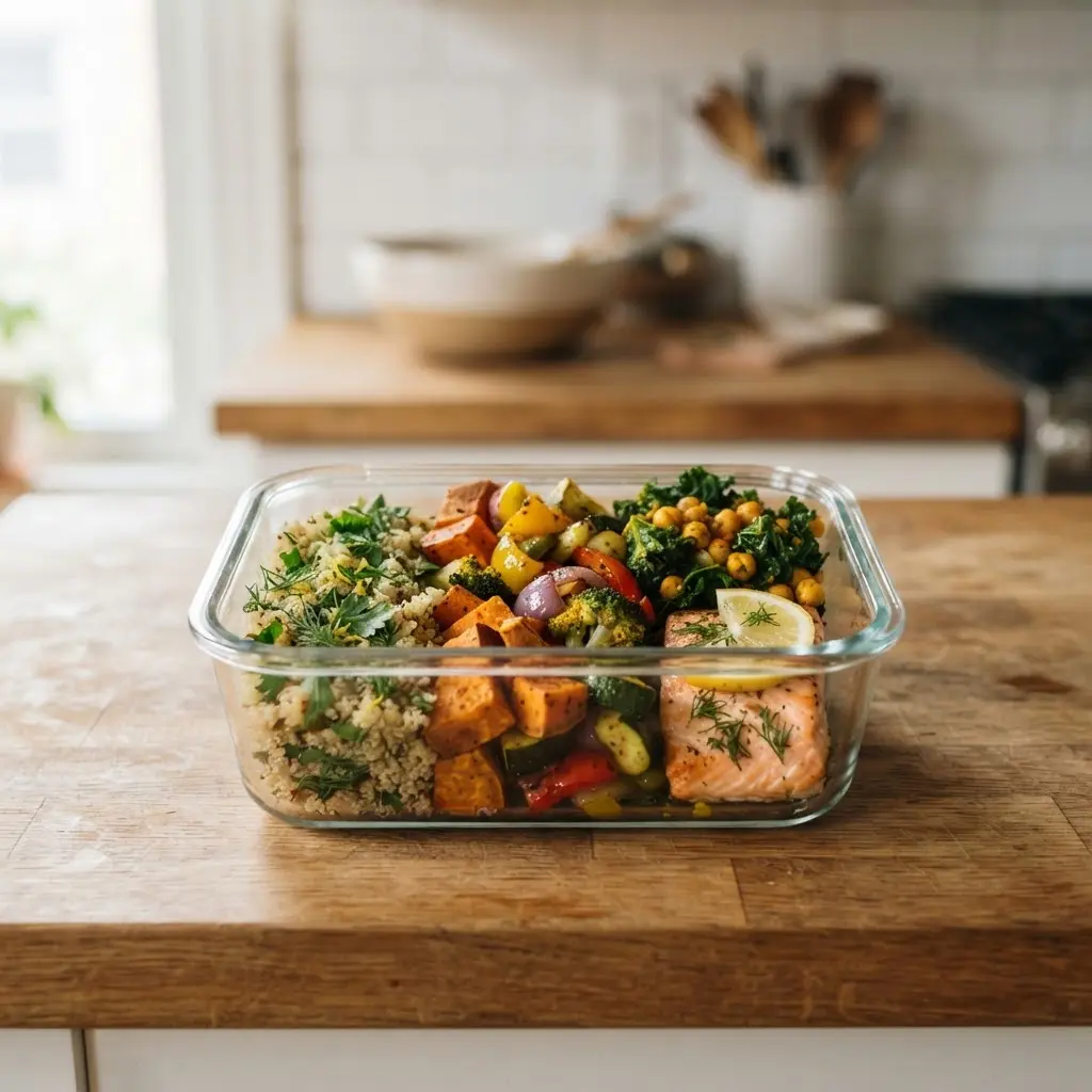 Meal prepping with fresh vegetables for sustainable healthy eating.
