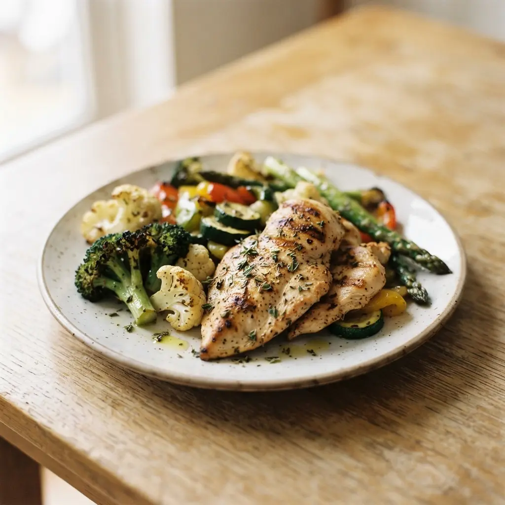A person feeling satisfied after a meal of lean protein and non-starchy vegetables, illustrating natural appetite control.