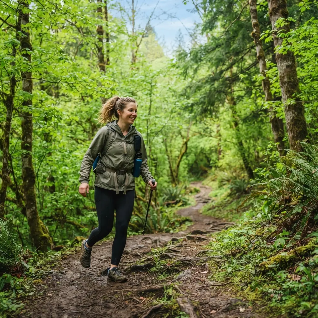 A hiker enjoying a peaceful walk on a dirt path through a vibrant spring forest.