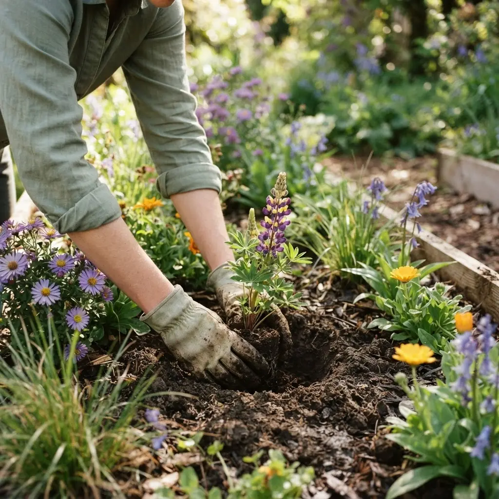Gardening hands placing purple and yellow native flowers into rich soil, a great outdoor activity for spring.