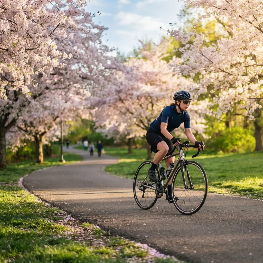 A person cycling along a scenic park trail under a canopy of pink spring blossoms.