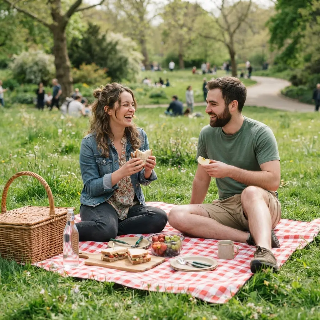 A simple outdoor picnic setup with sandwiches and fruit on a checkered blanket in a sunny park.