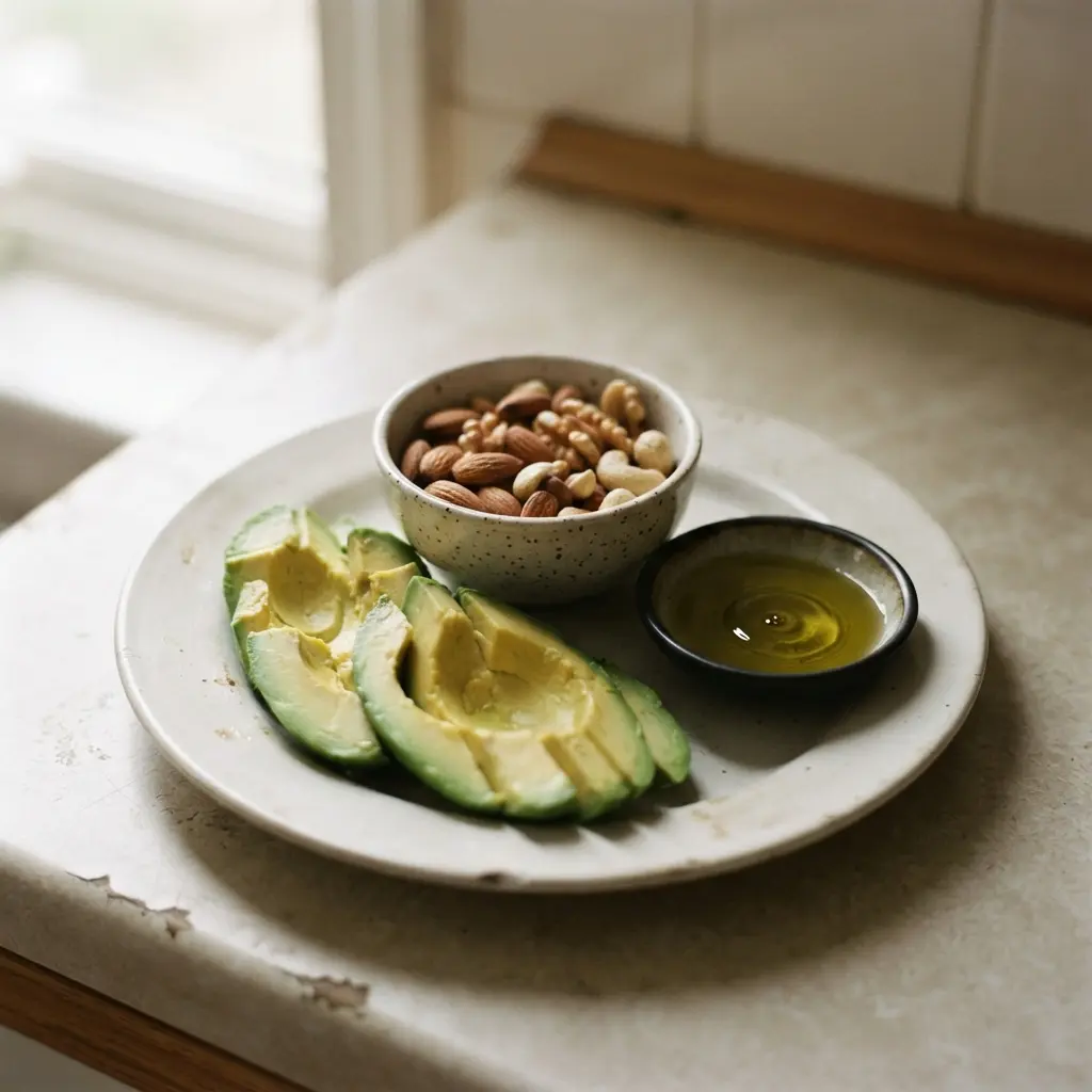 A colorful arrangement of foods rich in healthy fats on a wooden table.