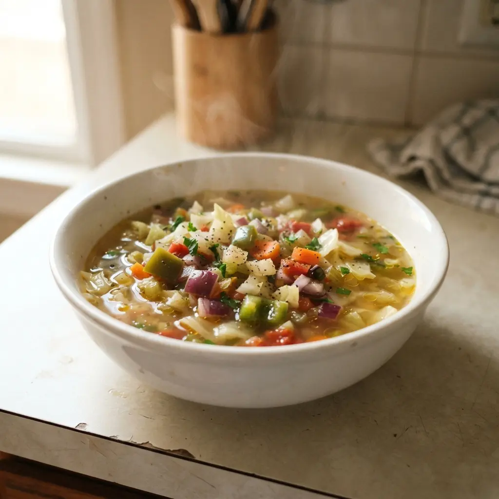 A bowl of cabbage soup sits beside a colorful assortment of fresh fruits like watermelon and strawberries.