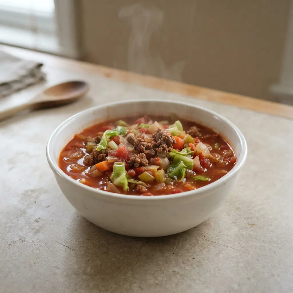 A bowl of cabbage soup is shown next to a bunch of ripe bananas, highlighting the day's potassium focus.