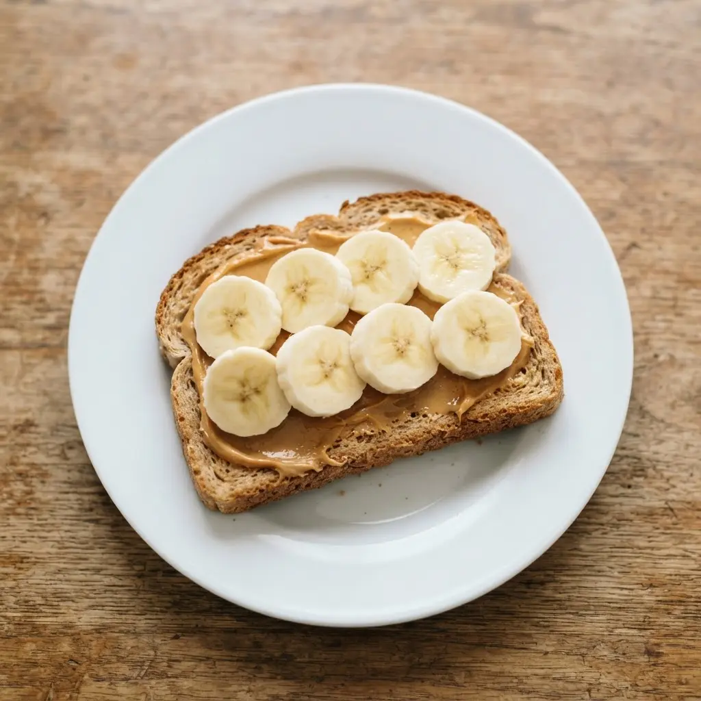 A satisfying piece of whole wheat toast with creamy peanut butter and fresh banana.