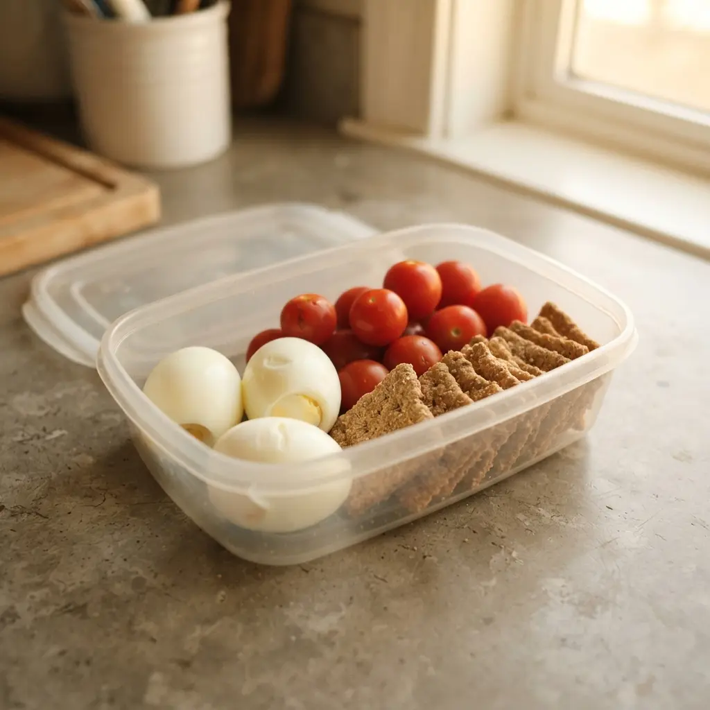 A quick and healthy breakfast box containing peeled hard boiled eggs, tomatoes, and crackers.