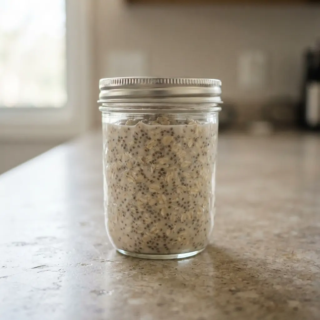 A make-ahead breakfast jar of overnight oats with chia seeds and a drizzle of honey.