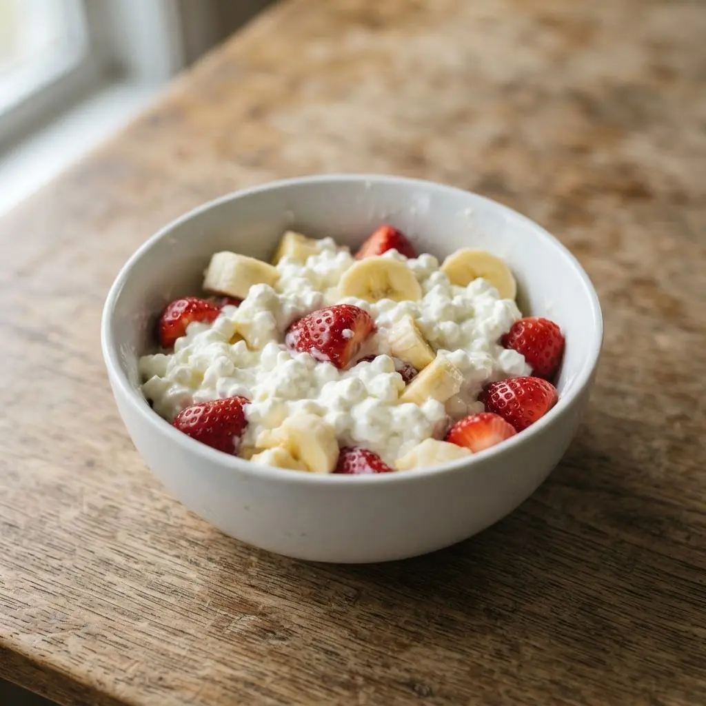 A protein-rich breakfast bowl of cottage cheese with chunks of fresh pineapple and berries.