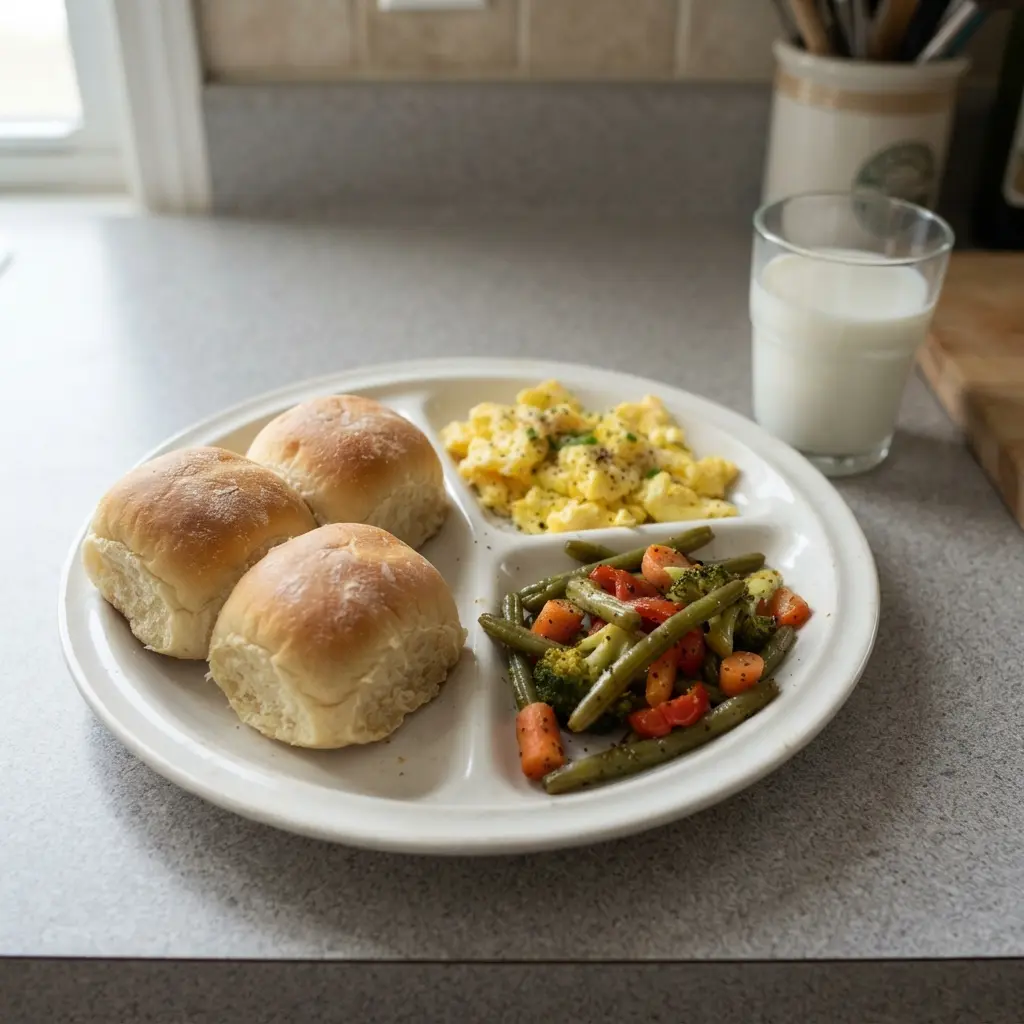 A clean graphic of a balanced meal plate with sections for different food groups.
