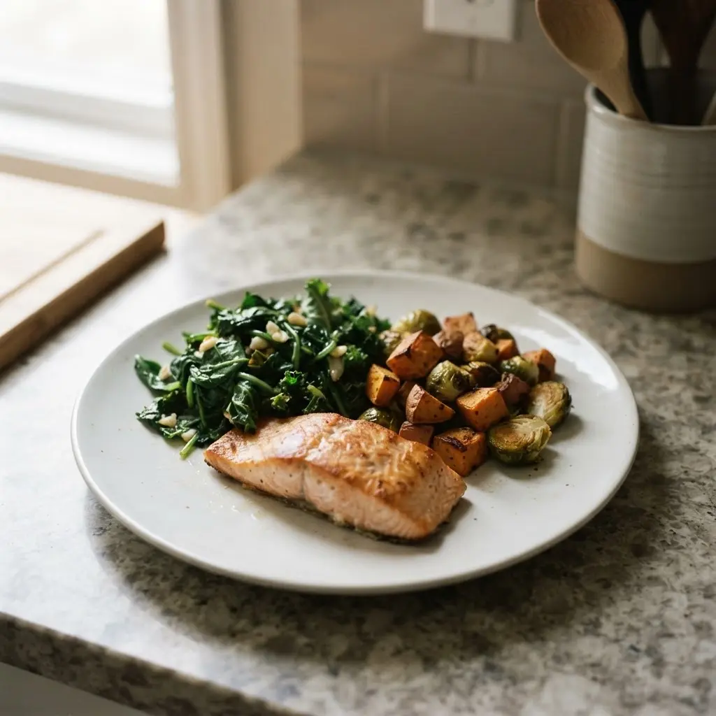 A healthy meal with vegetables, grains, and protein, showing that labeling foods as good or bad is a common diet fallacy.