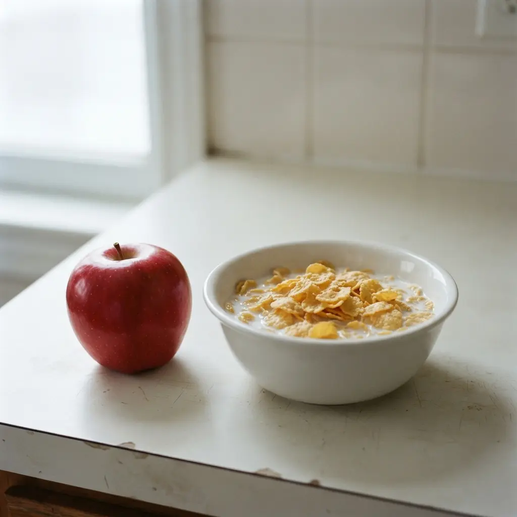 A whole apple next to a bowl of fortified cereal, challenging the idea that natural always means better for your diet.
