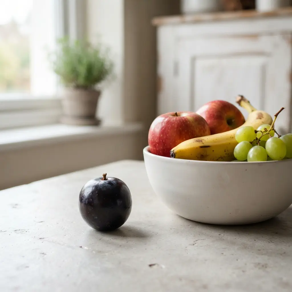 A lone 'superfood' berry contrasted with a vibrant bowl of common, nutritious produce.