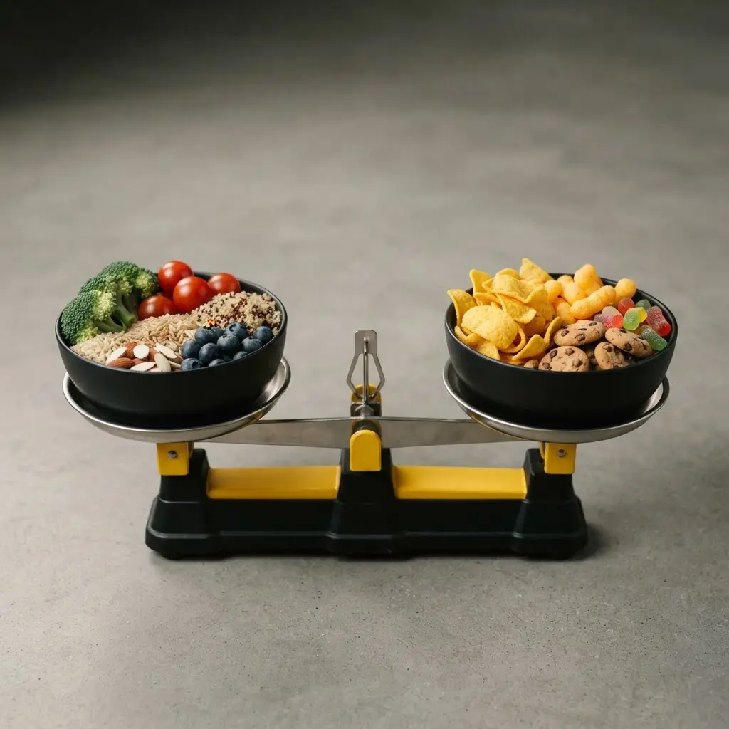 A balancing scale showing that both food quality and quantity matter for energy balance.