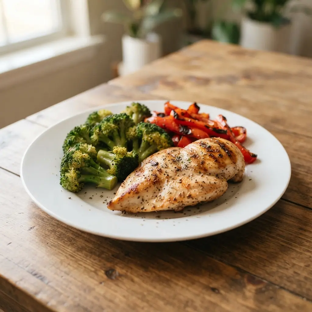 A lean grilled chicken breast, a great fat burning food, on a plate with broccoli and bell peppers.