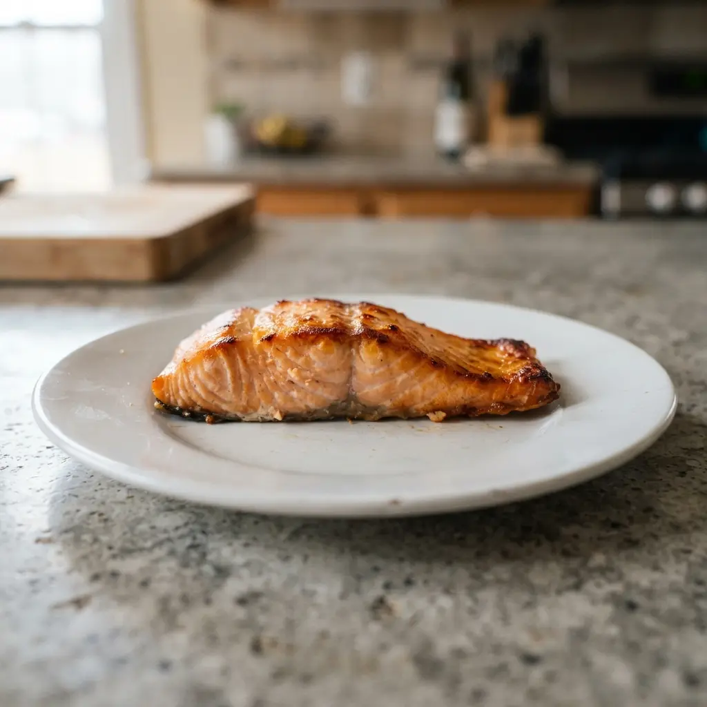 A baked salmon fillet with crispy skin, served with lemon slices and fresh dill.
