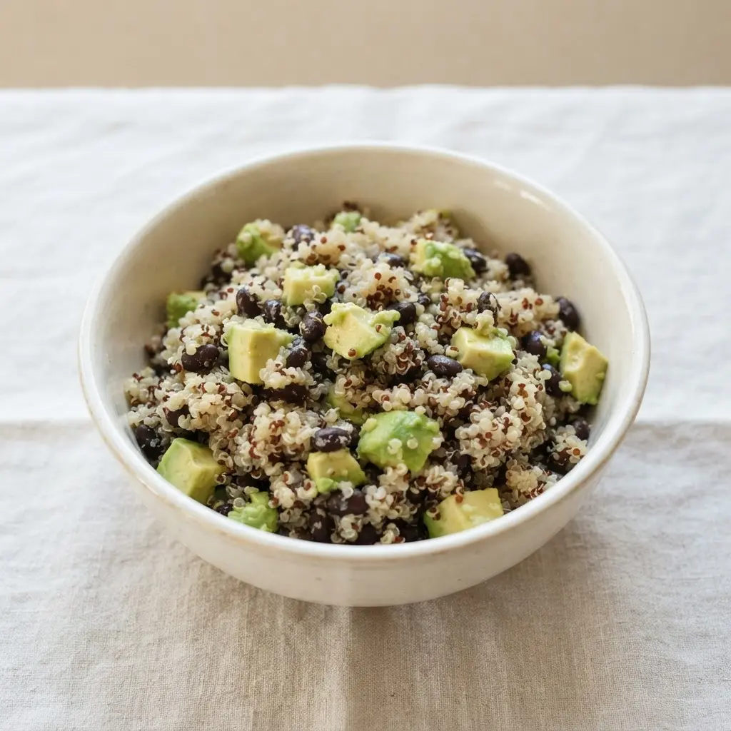 A hearty bowl of fluffy quinoa mixed with black beans, corn, and diced avocado.