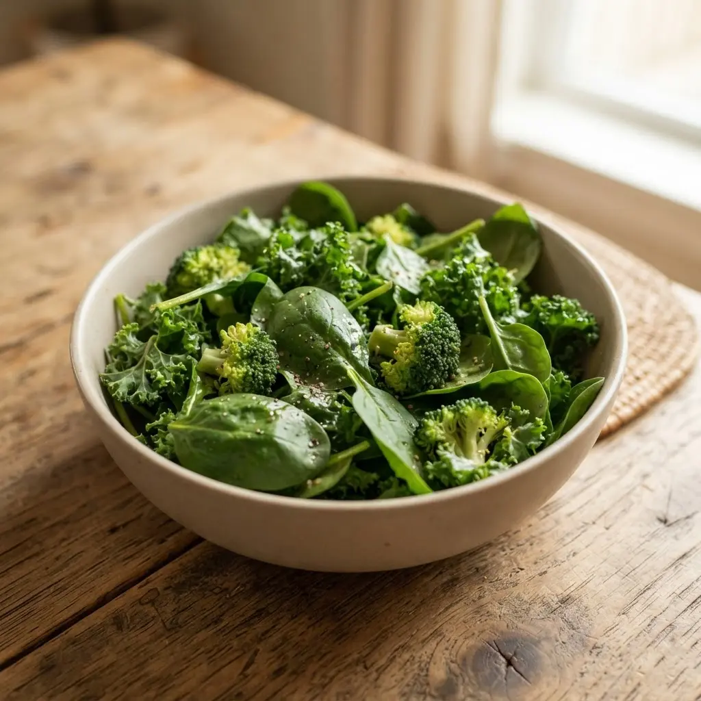 A colorful assortment of leafy greens including spinach and kale, alongside fresh broccoli.