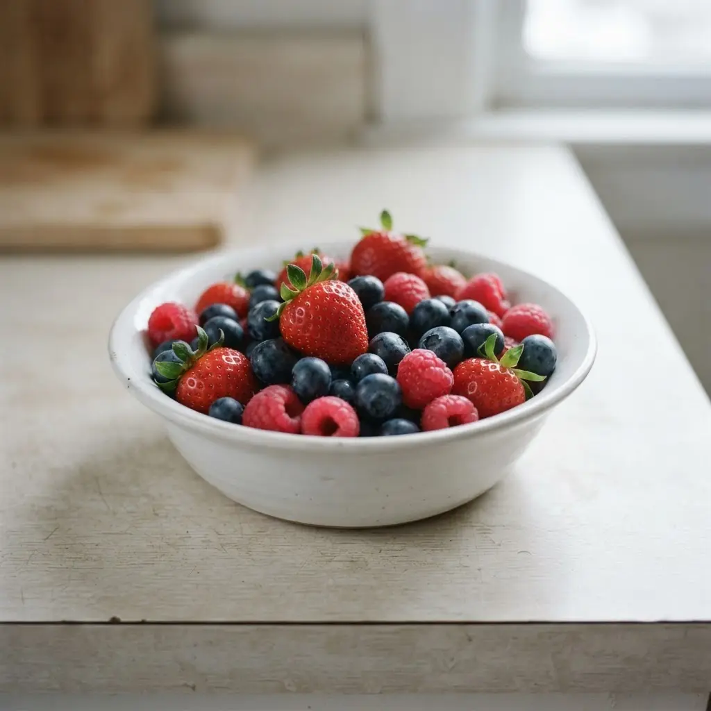 A mix of fresh strawberries, blueberries, and raspberries in a white ceramic bowl.