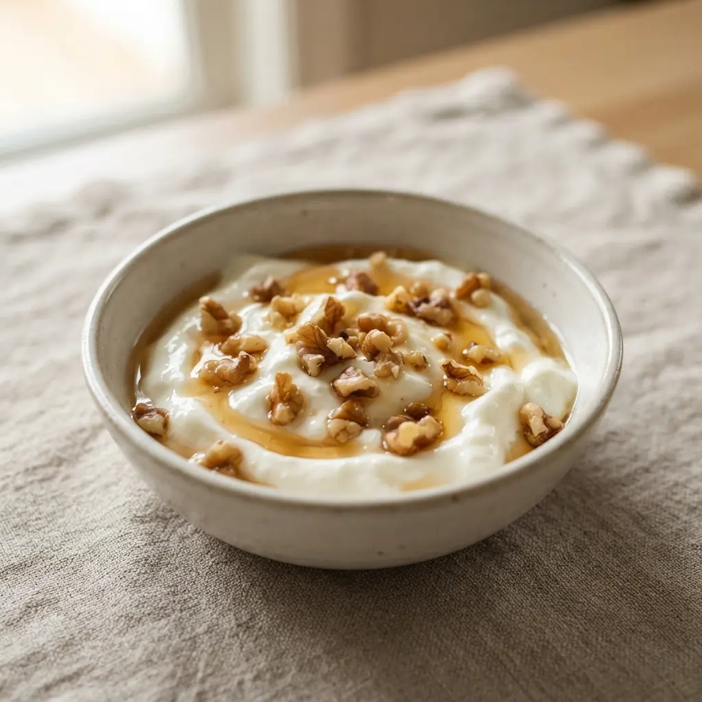 A bowl of thick Greek yogurt, a supportive diet food, drizzled with honey and sprinkled with walnuts.