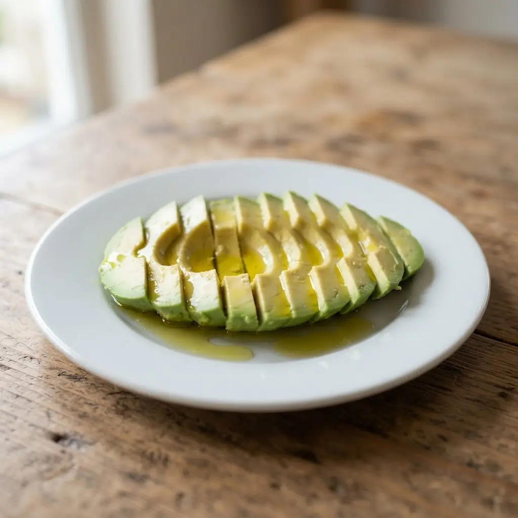Fresh avocado slices on a plate next to a small bowl of golden olive oil with rosemary.