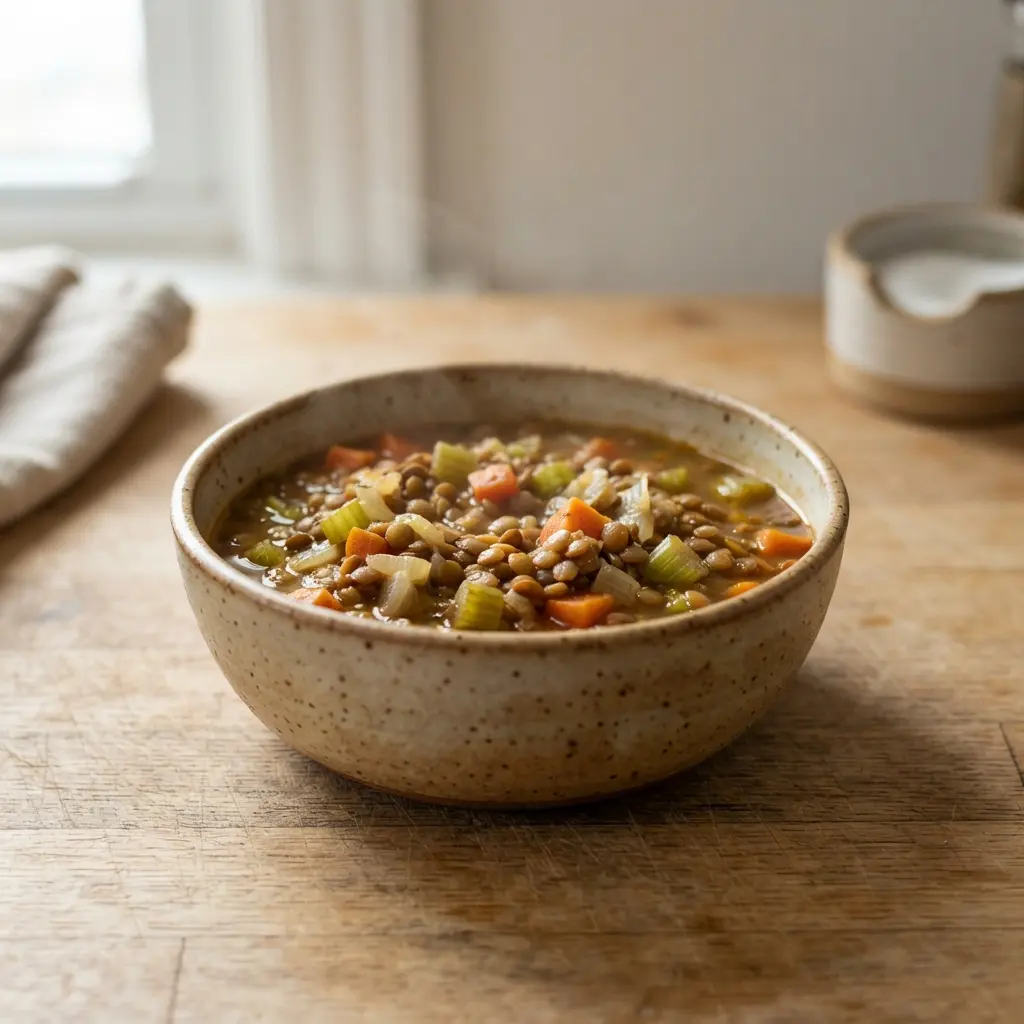 A warm bowl of lentil soup with carrots and celery, a filling food for your diet plan.