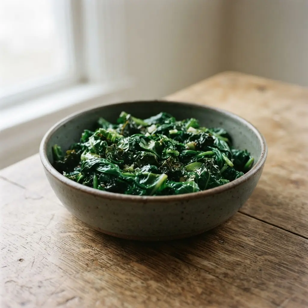A close-up of dark green spinach and kale leaves, representing nutritious everyday foods you can eat daily.