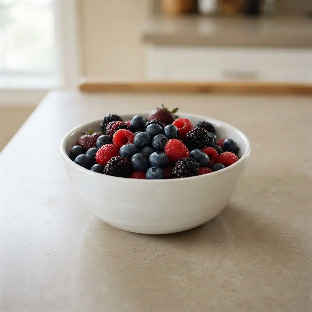 A handful of fresh blueberries, strawberries, and raspberries on a rustic table.