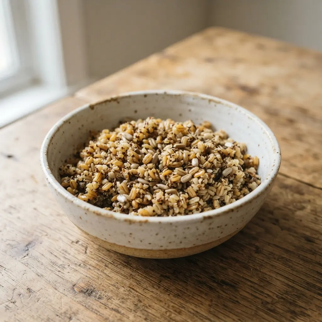 Bowls of rolled oats, cooked quinoa, and chia seeds, key whole grains and seeds for daily meals.