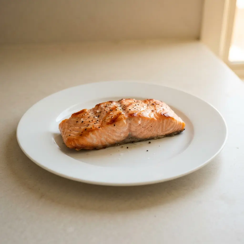 A perfectly grilled salmon fillet topped with lemon slices and fresh dill.