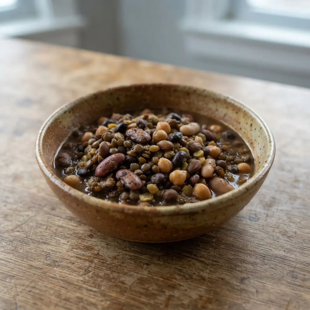 Glass jars filled with black beans, brown lentils, and chickpeas.