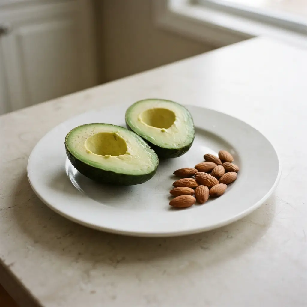 A ripe avocado cut in half and a bowl of raw almonds, excellent sources of healthy fats.