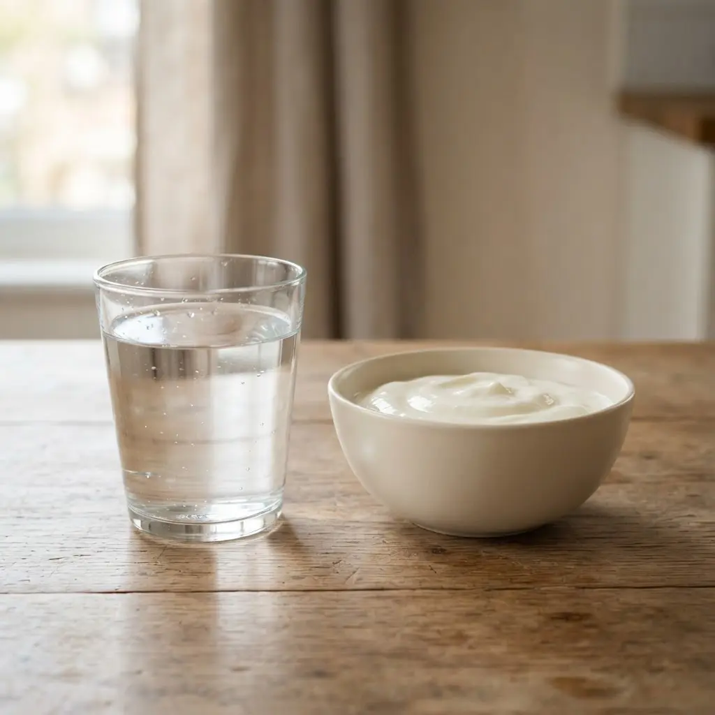 A clear glass of water with ice and a bowl of plain yogurt topped with fresh berries.