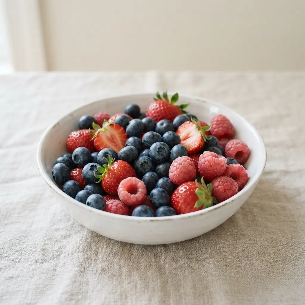 Colorful fresh berries in a white bowl, rich in antioxidants that benefit skin health.