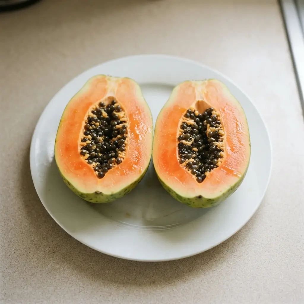 Fresh sliced papaya, a fruit with enzymes that can help renew the skin's surface.