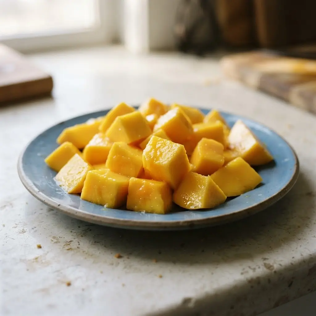 Bright orange mango slices, rich in beta-carotene which contributes to radiant skin.