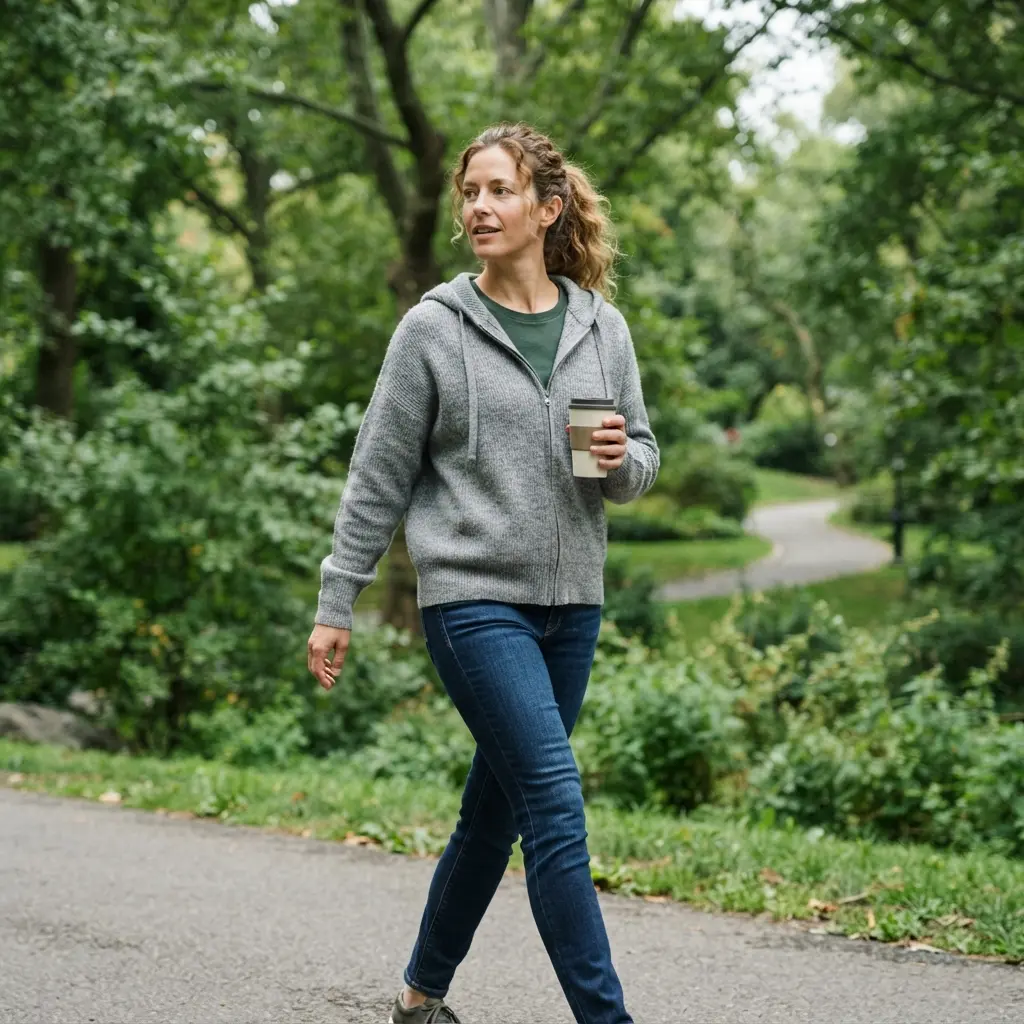Someone incorporating light activity, like a walk, into a sedentary workday to combat inactivity.